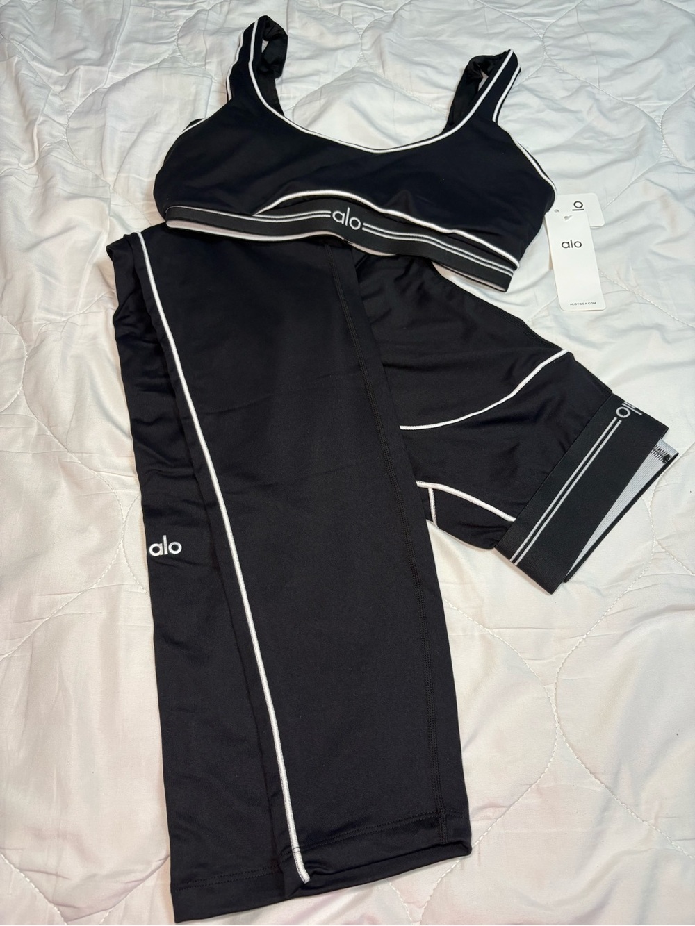 ALO Yoga Kids Black Swim Top & Shorts with White Trim